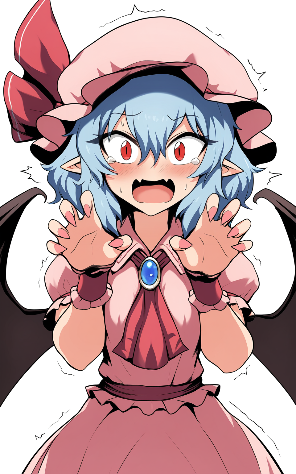 masterpiece, best quality, absurdres, highres, very awa,
<lora:Jadf v3.5 - NoobAI 1.0 V-Pred:1>
jdf, 
1girl, solo, remilia scarlet, embarrassed, wide-eyed, open mouth, surprised, blush, fangs, skin fang, blue hair, short hair, hair between eyes, mob cap, pink dress, pink shirt, pink nails, hands up, claw pose, red ascot, blue gemstone, jewelry, pointy ears, looking at viewer, sweat, tears, white background, simple background, trembling, bat wings, straight-on,