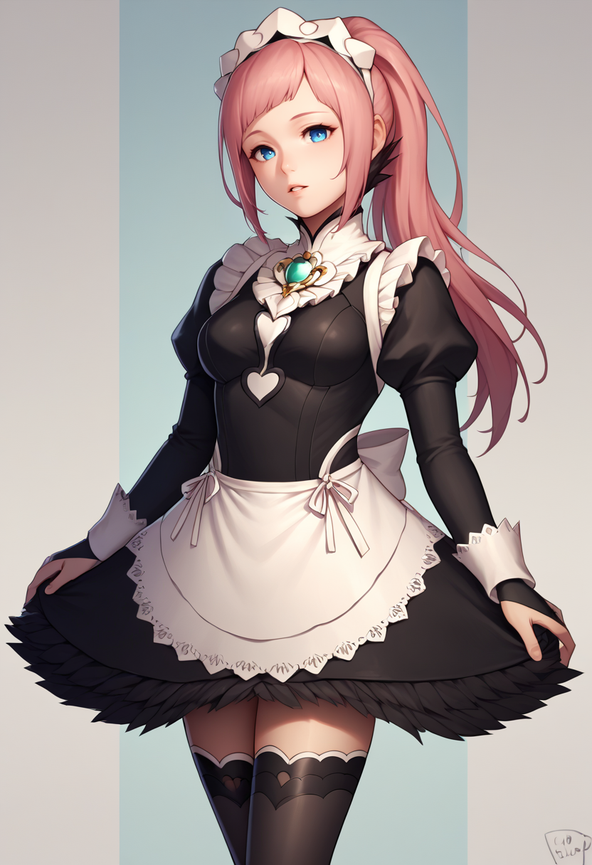 score_9, score_8_up, score_7_up, source_anime BREAK 1girl, solo, <lora:coffeslice-artist-richy-v1_pdxl:1>   <lora:felicia-fe-richy-v1_xl:0.8> feliciadef, pink hair, ponytail, blue eyes, maid headdress, brooch, maid apron, black thighhighs, bridal gauntlets, breasts, looking at viewer, parted lips,