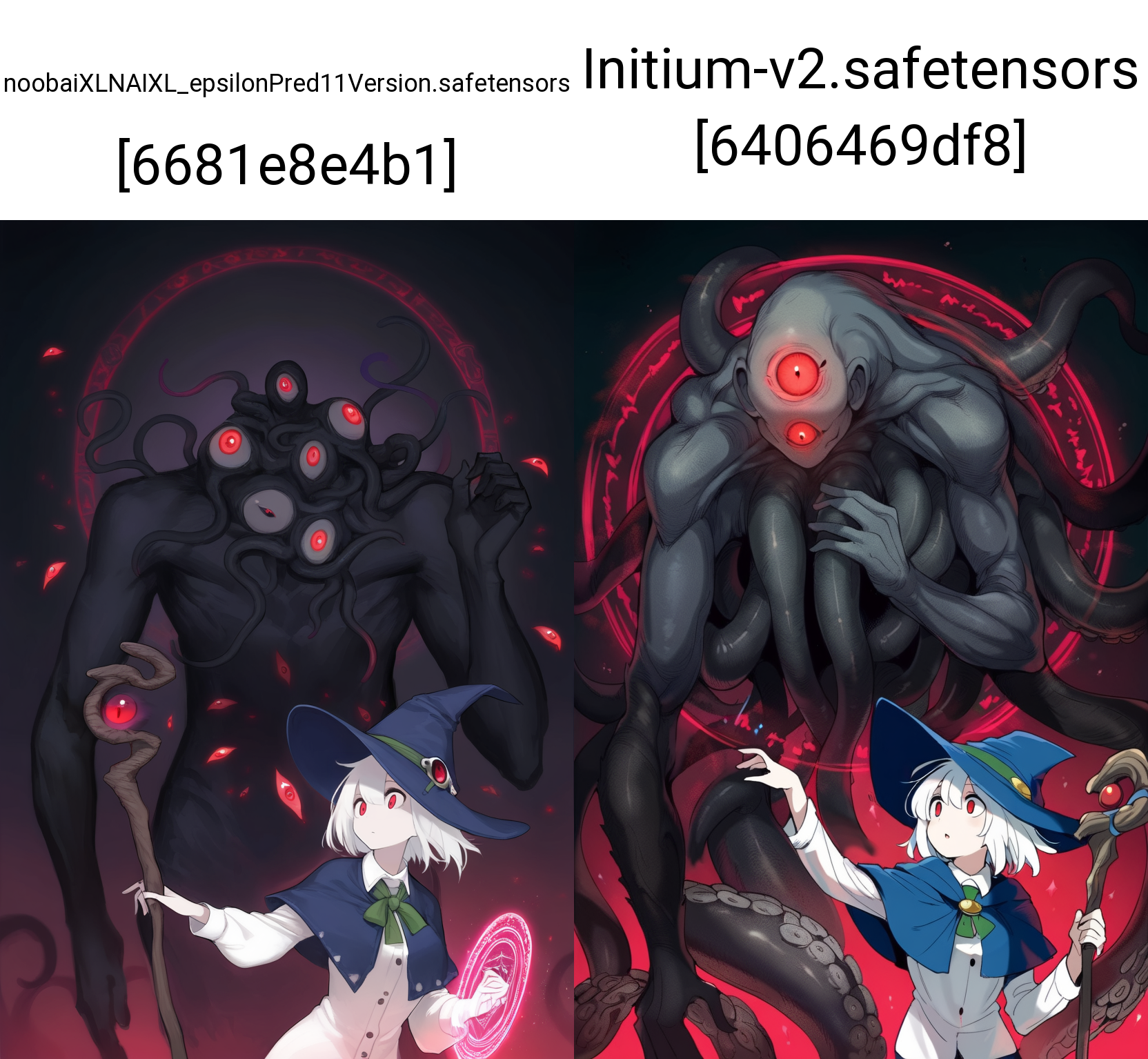 masterpiece, best quality, 1girl, (titan:1.2), (void:1.25), (mage:1.1), long sleeves, upper body, wide-eyed, shirt, eldritch abomination, extra faces, red eyes, dress shirt, mage staff, fantasy, glowing, hand up, holding hands, blue headwear, hat, dark background, wizard hat, tentacles, magic, capelet, green neckwear, buttons, cloak, white hair, monster girl, looking at another, magic circle, black skin, collared shirt, hat ornament, standing on shoulder