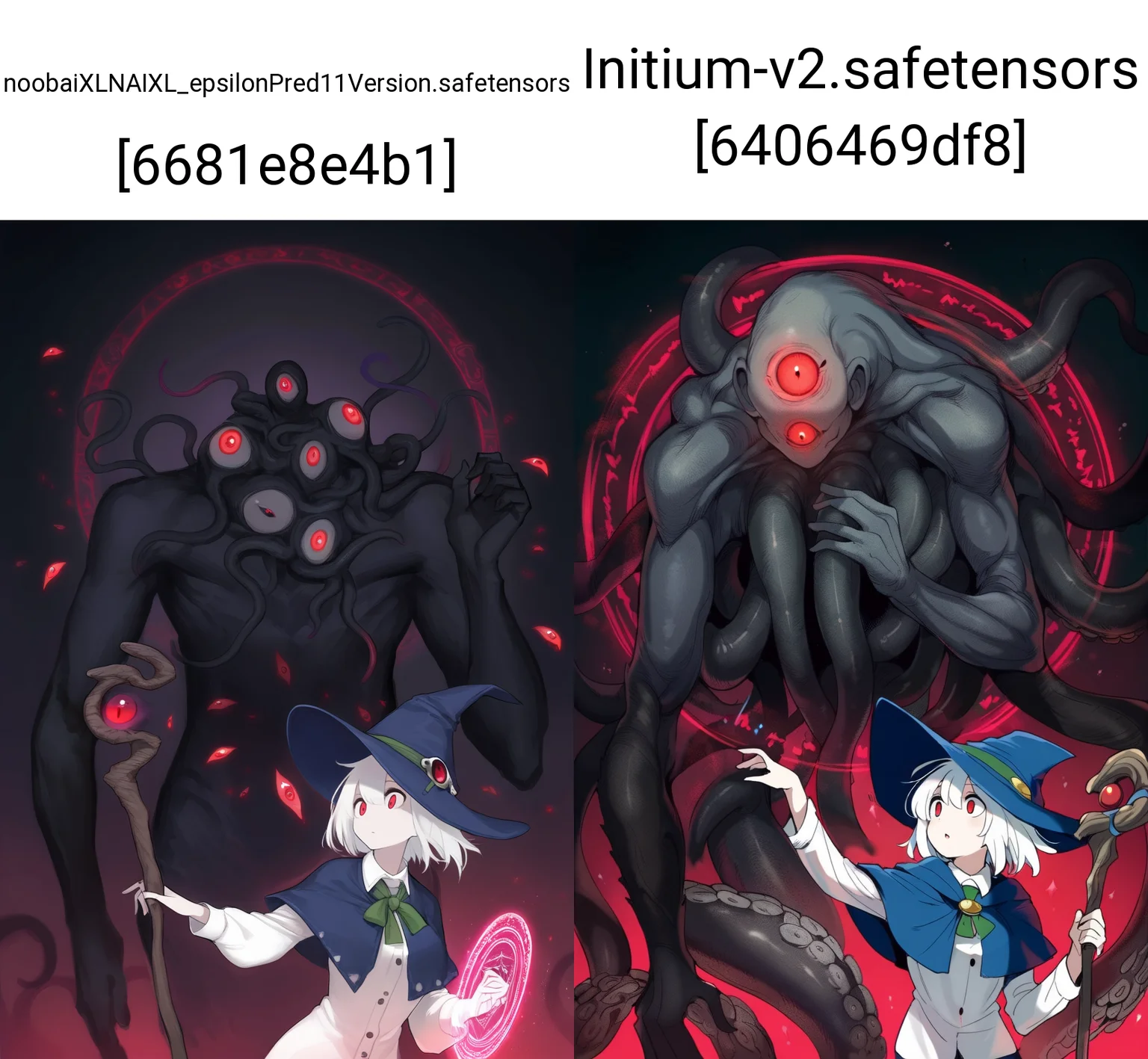masterpiece, best quality, 1girl, (titan:1.2), (void:1.25), (mage:1.1), long sleeves, upper body, wide-eyed, shirt, eldritch abomination, extra faces, red eyes, dress shirt, mage staff, fantasy, glowing, hand up, holding hands, blue headwear, hat, dark background, wizard hat, tentacles, magic, capelet, green neckwear, buttons, cloak, white hair, monster girl, looking at another, magic circle, black skin, collared shirt, hat ornament, standing on shoulder