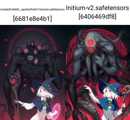 masterpiece, best quality, 1girl, (titan:1.2), (void:1.25), (mage:1.1), long sleeves, upper body, wide-eyed, shirt, eldritch abomination, extra faces, red eyes, dress shirt, mage staff, fantasy, glowing, hand up, holding hands, blue headwear, hat, dark background, wizard hat, tentacles, magic, capelet, green neckwear, buttons, cloak, white hair, monster girl, looking at another, magic circle, black skin, collared shirt, hat ornament, standing on shoulder