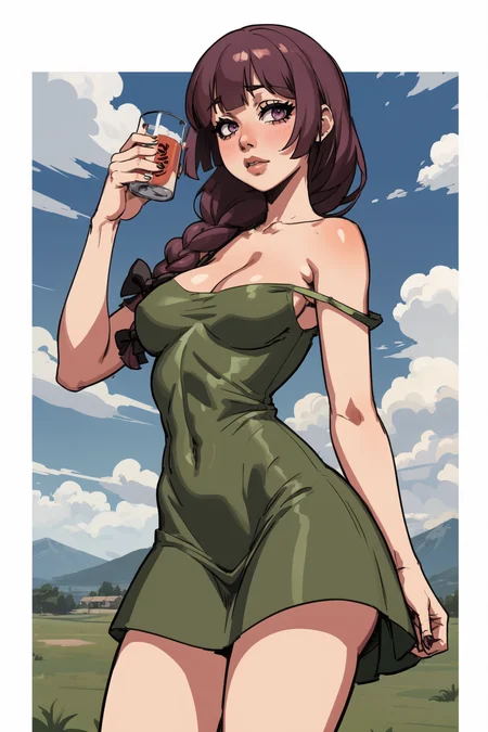 1girl, (solo:1.2), (cowboy shot:1.2), (looking at viewer:1.3),
<lora:Hiroi Kikuri [justTNP - v1.0]:1> hiroi kikuri, (blunt bangs:1.2), braid, hair over shoulder, long hair, hair bow, (purple hair:1.2), (purple eyes:1.2), (drunk), blush, large breasts, curvy, young female, bow, dress, black bow, (green dress:1.2), strap slip, no bra
BREAK <lora:Maniacpaint [MockAi - v1.0]:0.85> maniacpaint, (sketchy lineart:1.2), sketchy shading, simple shading
BREAK intricate details, (masterpiece:1.3), (best quality:1.3), (perfect anatomy:1.4) BREAK, (beautiful white clouds:1.3), puffy clouds, white sky