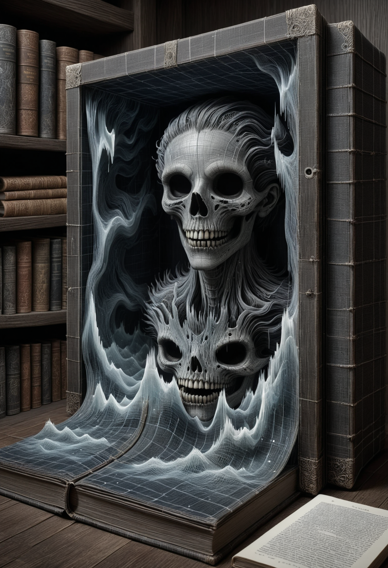 DonMW4v3F0rm5XL horror,   clothbound, dreamwood (a fictional material),    slipcases <lora:DonMW4v3F0rm5XL-000008:1>