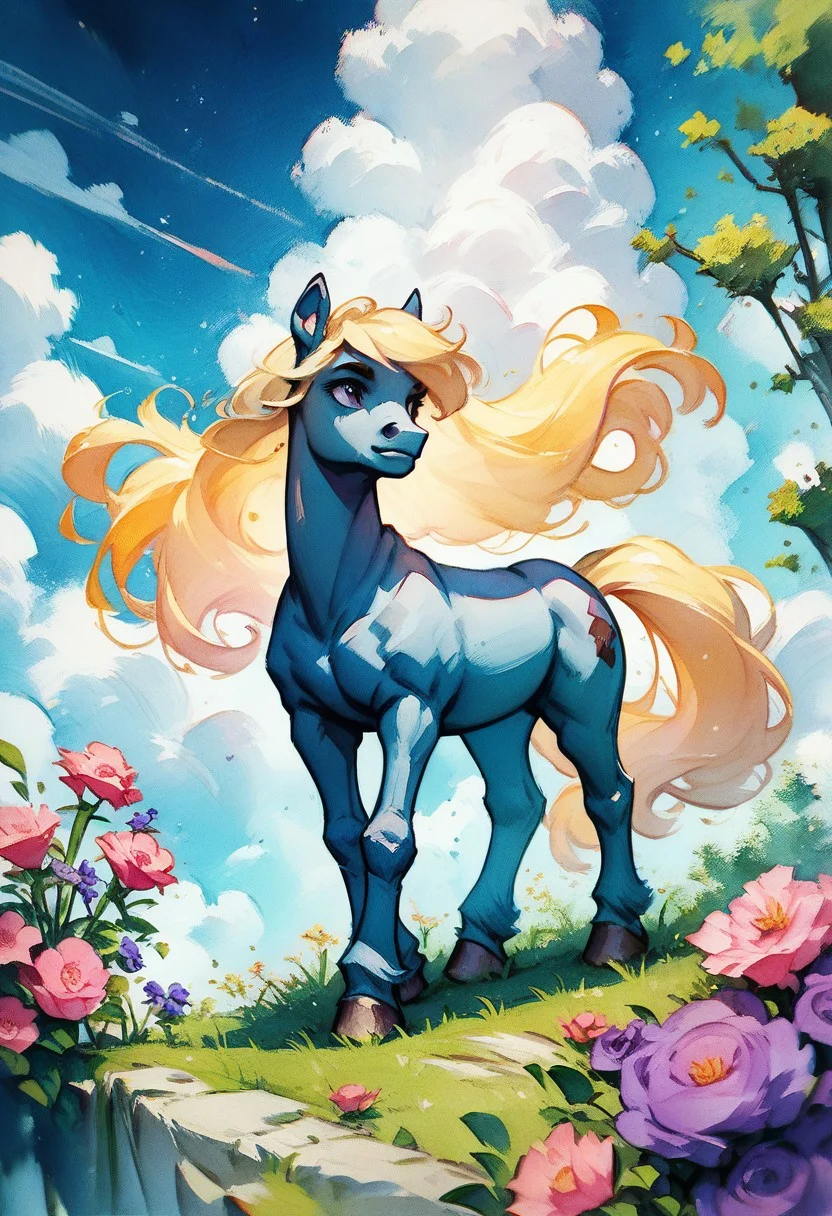 score_9,score_8_up,score_7_up,WATERCOLOR,solo,long hair,blonde hair,full body,flower,outdoors,horns,sky,day,cloud,blue sky,no humans,grass,cloudy sky,pink flower,purple flower,animal focus, pony horse