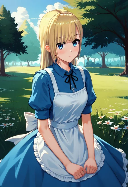 score_9, score_8_up, score_7_up, 1girl, A young woman, with blue eyes and blonde hair, wears a blue dress with a white apron in an alice in wonderland style, She is in a serene environment, with a natural landscape in the background.4y4ne