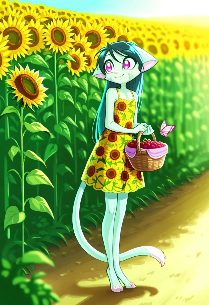 score_9, score_8_up, score_7_up,lilith_calah,
1girl,solo,furry,tail,dark green hair, source_furry,
,<lora:lilith_calah_illustrious:0.8>,
child, kid,
in a sunflower dress holding a basket of fresh berries, standing in a sunlit meadow with butterflies fluttering around her, sunflower_dress, basket, berries, meadow, butterflies, smile, happy, cute, long_hair, outdoor, nature, sunny, pastel_colors, peaceful