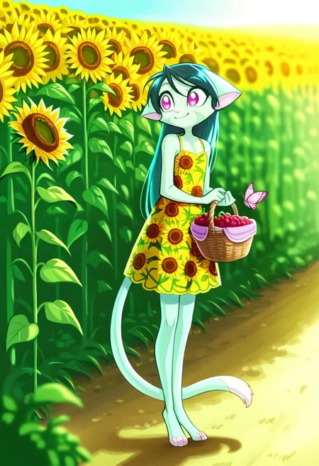 score_9, score_8_up, score_7_up,lilith_calah,
1girl,solo,furry,tail,dark green hair, source_furry,
,<lora:lilith_calah_illustrious:0.8>,
child, kid,
in a sunflower dress holding a basket of fresh berries, standing in a sunlit meadow with butterflies fluttering around her, sunflower_dress, basket, berries, meadow, butterflies, smile, happy, cute, long_hair, outdoor, nature, sunny, pastel_colors, peaceful
