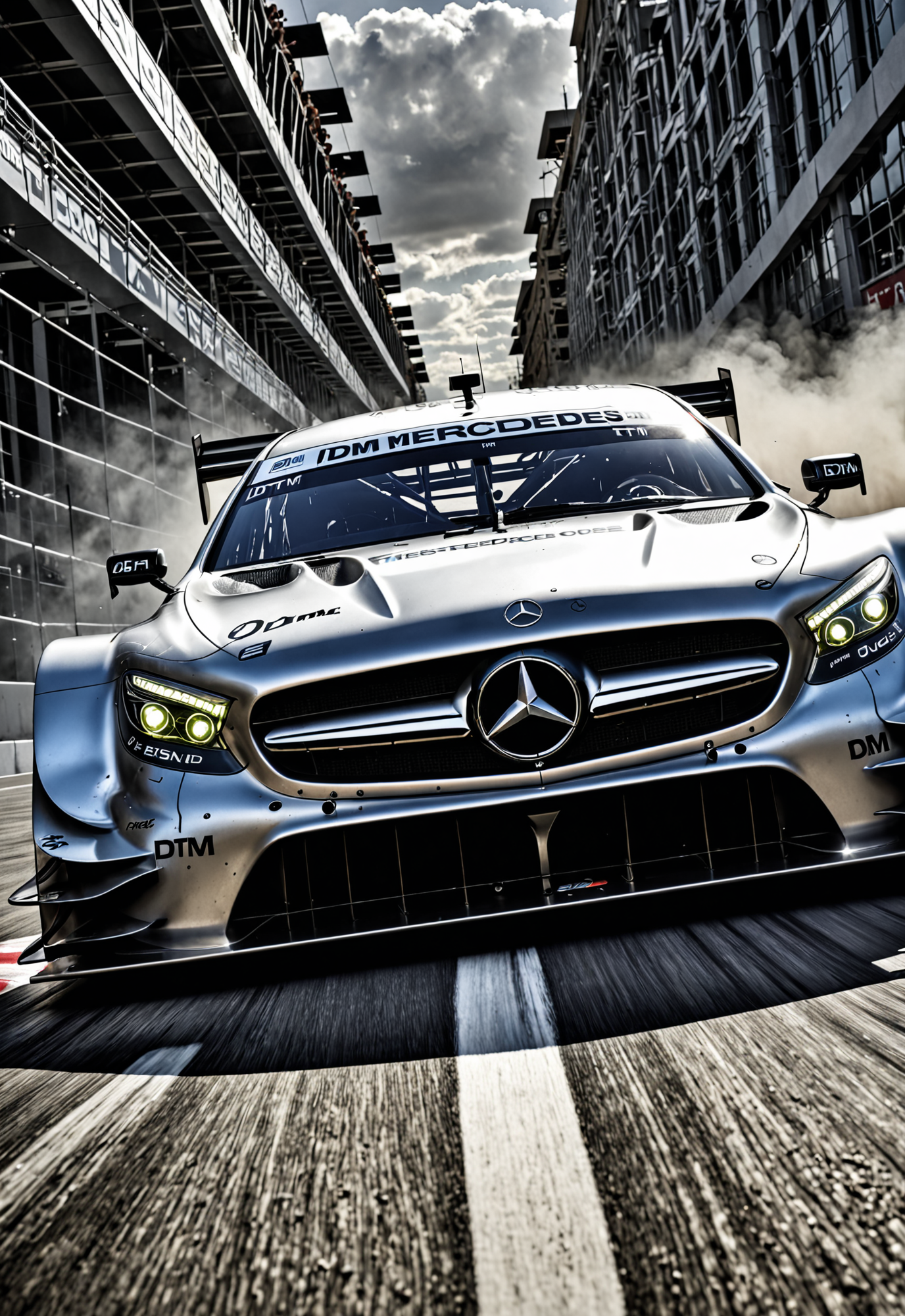 dynamic angle, masterpiece, award winning picture,  Mercedes DTM car racing, futuristic background, hyper detailed, intricate,  poster, epic, ultra detail, intricate details, UHD