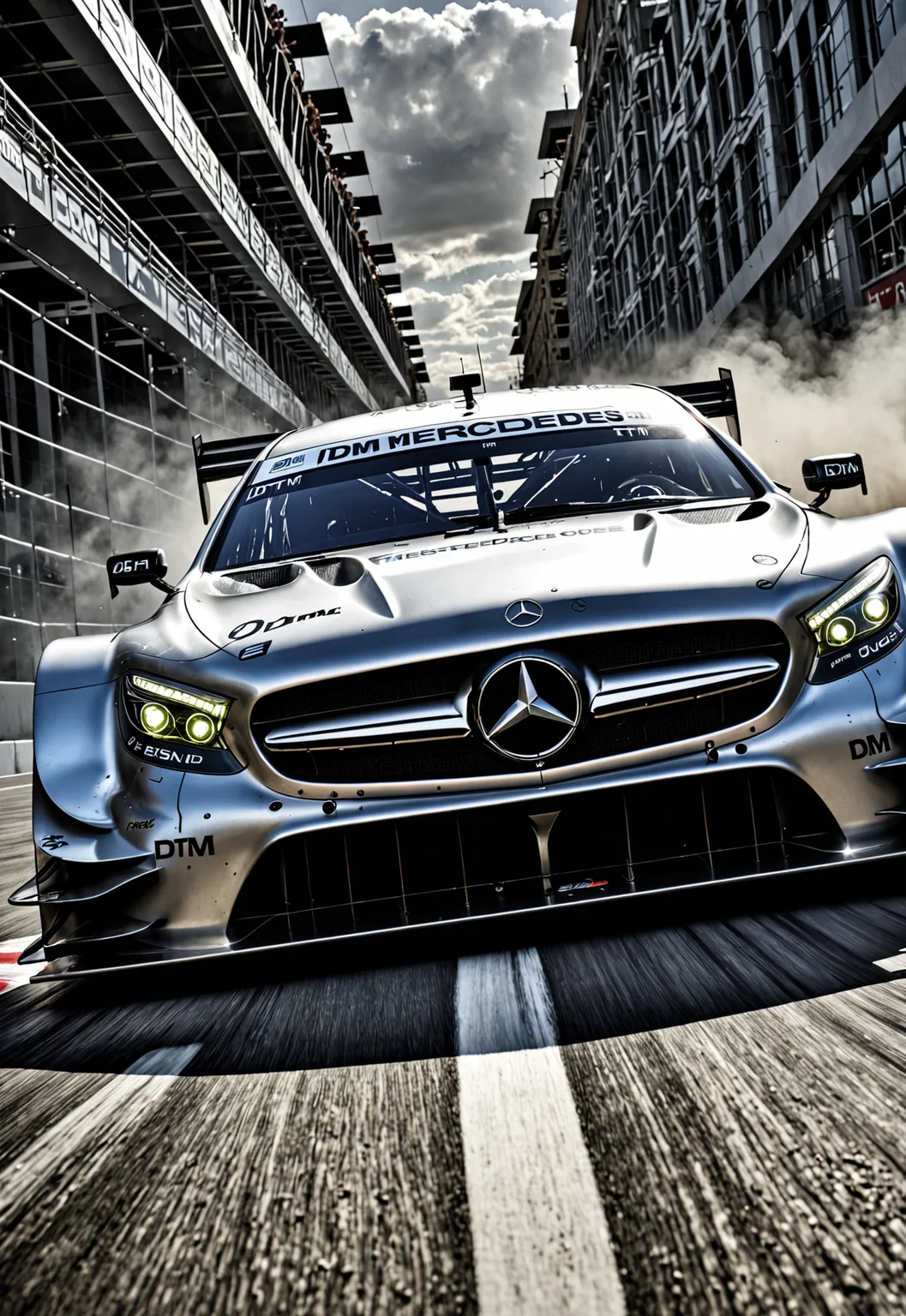 dynamic angle, masterpiece, award winning picture, Mercedes DTM car racing, futuristic background, hyper detailed, intricate, poster, epic, ultra detail, intricate details, UHD
