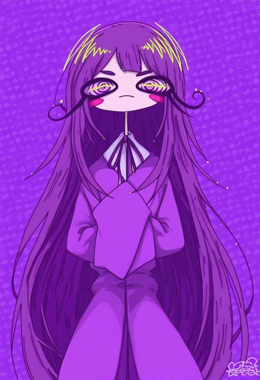 score_9, score_8_up, score_7_up,
masterpiece, best quality, detailed, amazing quality,
detailed background, abstract, spirals,
dynamic pose, colorful, dazed, stickers,
1girl, woman, Yasmin, pale skin, long hair, purple hair