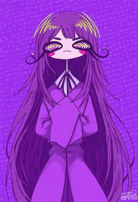 score_9, score_8_up, score_7_up,
masterpiece, best quality, detailed, amazing quality,
detailed background, abstract, spirals,
dynamic pose, colorful, dazed, stickers,
1girl, woman, Yasmin, pale skin, long hair, purple hair