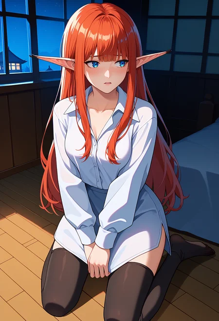score_9, score_8_up, score_7_up, anime screencap, source_anime, 1girl, solo,
<lora:Eiselin_Hulkenberg_Metaphor_ReFantazio_V1:.85>, KJOEiselin, red hair, blue eyes, pointy ears, blunt bangs, long hair,  
white collared shirt, oversized shirt, black thighhighs, open collar, collarbone,
embarrassed, heavy blush, wariza, kneeling, looking to the side, parted lips,
night, nighttime, east asian architecture, dark room, bedroom, traditional bedroom, window, wooden floor, dimly lit,
(Beautiful, medium Breasts:1.2), mature female,