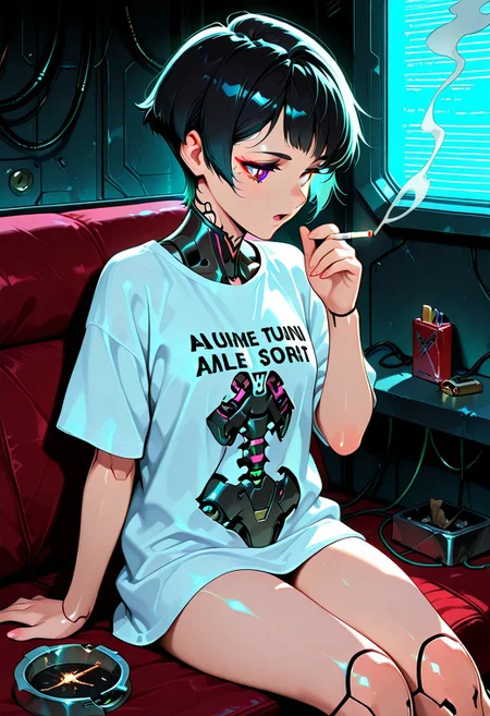 masterpiece, best quality, amazing quality, very aesthetic, high resolution, ultra-detailed, absurdres, newest, puko_d, 1girl, black hair, robot joints, short hair, purple eyes, open mouth, shirt, t-shirt, sitting, android, cable, wire, mechanical parts, cyborg, cyberpunk, lighter, robot, solo, smoking, holding, retro artstyle, clothes writing, english text, smoke, cigarette, ashtray, joints, damaged, holding cigarette, white shirt