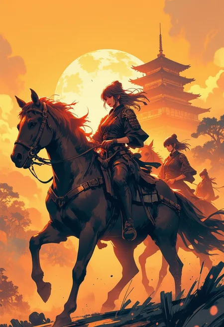 In the style of ff-td, Mh1$AgThS2, intricate linework with expressive contrasts, soft lighting with dynamic highlights, BREAK, 3 japanese women on horseback, riding away from an edo-era medieval Japanese castle, wearing leather samurai armour, silhouetted, sunset