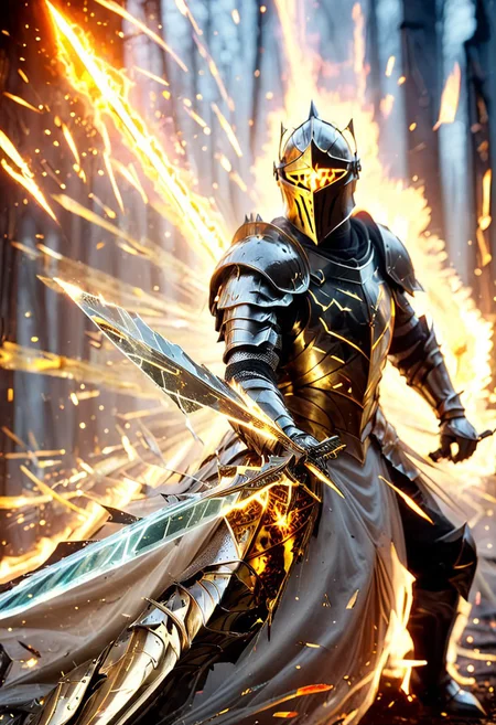 1man, armored golden knight, Incoming sword, broken glass, reflection, glowing fire slash, shatter, holding sword, glowing sword, motion blur, emphasis line, outdoor in the darkness, looking at viewer,