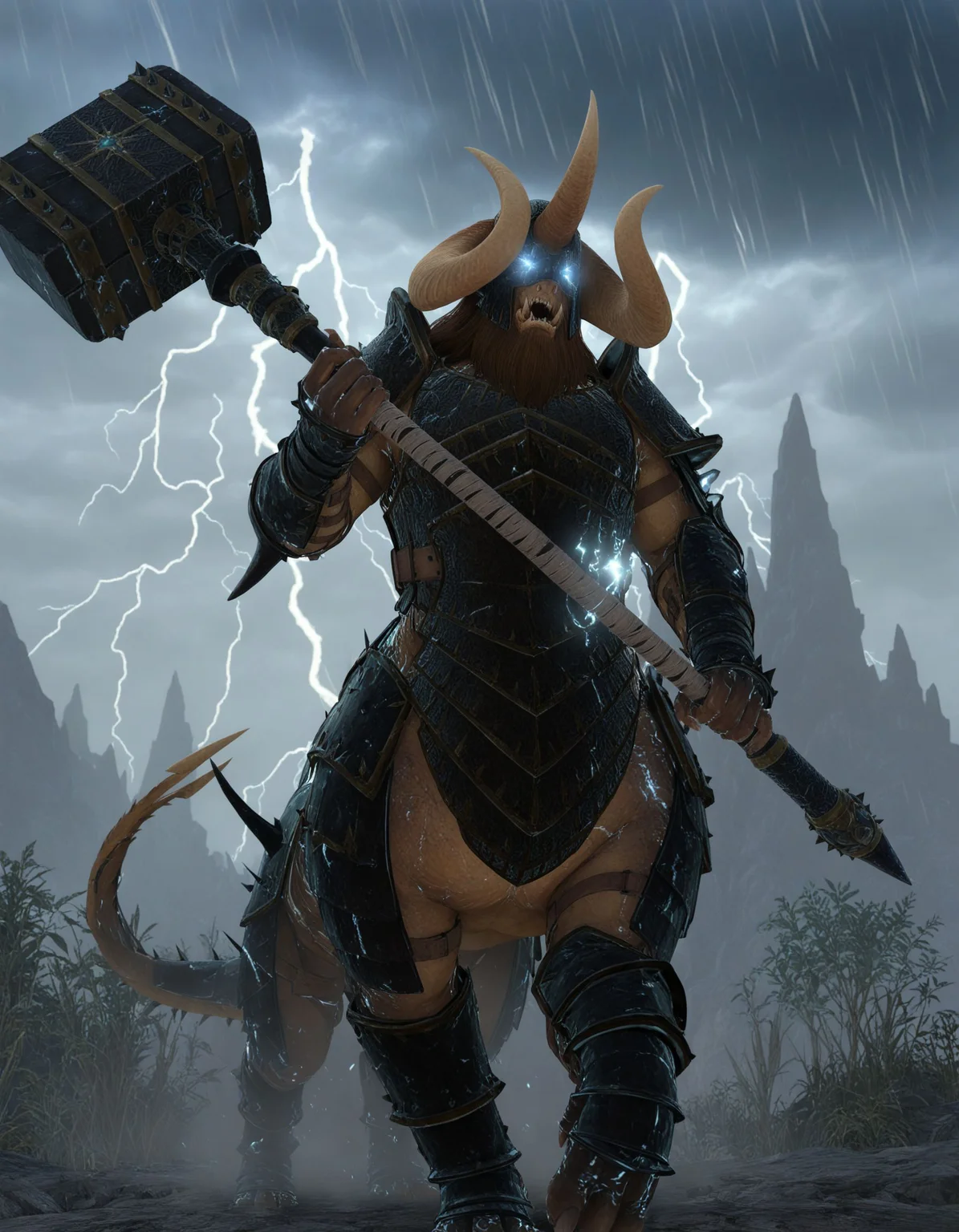masterpiece, good quality, best quality, solo, lightning, storm, electricity, glowing eyes,
KholekSuneater, male focus, armor, horns, holding weapon,
<lora:KholekSuneater_Vpred:0.8>