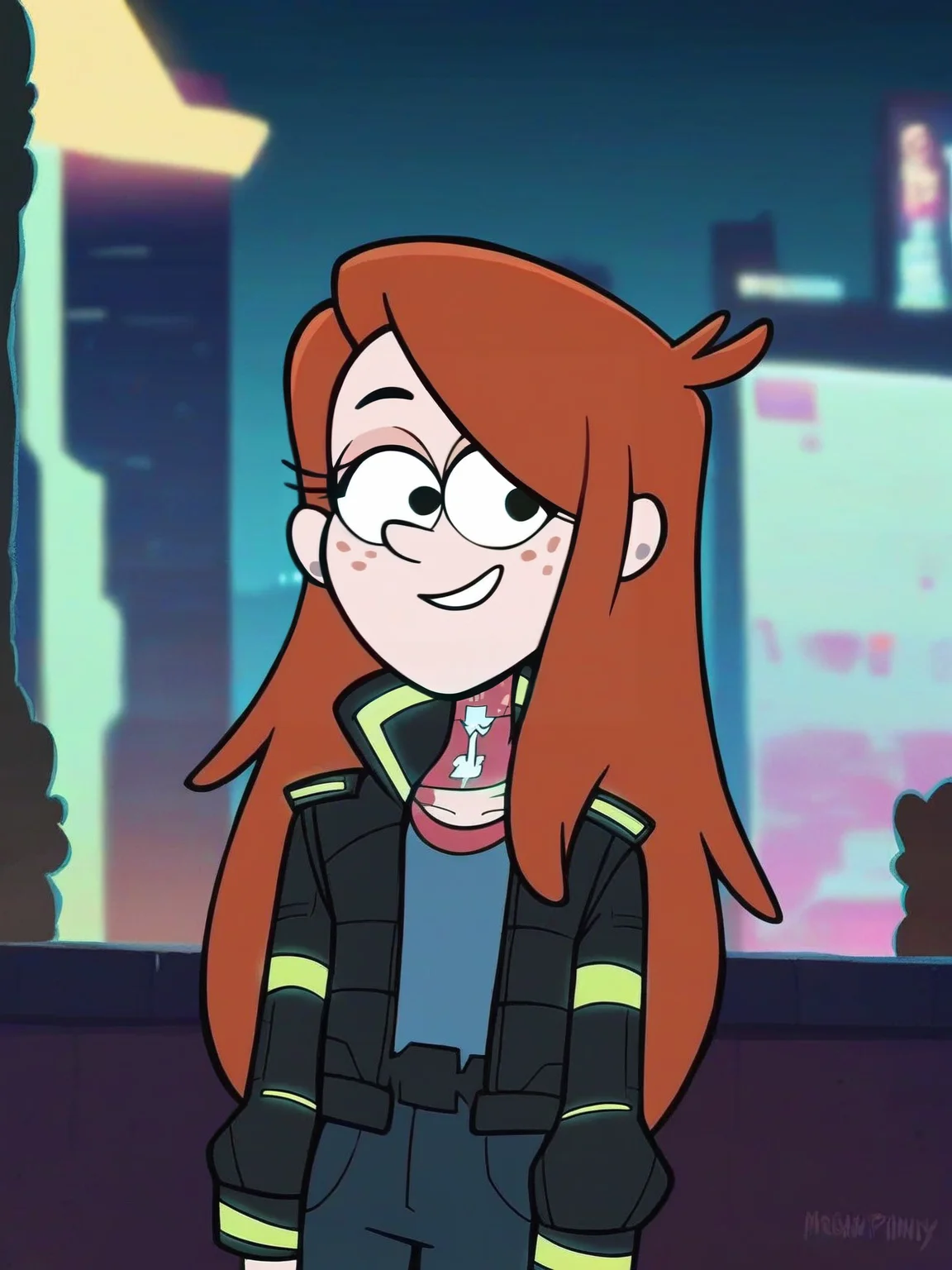 <lora:WendyCorduroyV2:0.7> w_g_f, 1girl, ginger hair, pupils black dots, freckles, ((cyberpunk outfit)), night city background, score_9, score_8_up, score_7_up,
