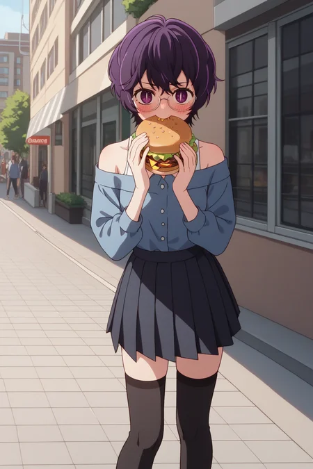 sscore_9, score_8_up, score_7_up, source_anime, 1girl, prefect lighting, very aesthetic, intricate details, highly detailed background, masterpiece, high quality, prefect hands, best quality, solo,
<lora:Abiko_Samejima_Oshi_No_Ko_V1:.85>, KJOabiko, purple hair, purple eyes, slit pupils, short hair,
off shoulder, blue shirt, black pleated skirt, black thighhighs, glasses,
standing, looking at viewer, holding burger, eating, biting burger, embarrassed, blush,
street, daytime, buildings, sidewalk,
(Beautiful, small Breasts:1.2), natural breasts,