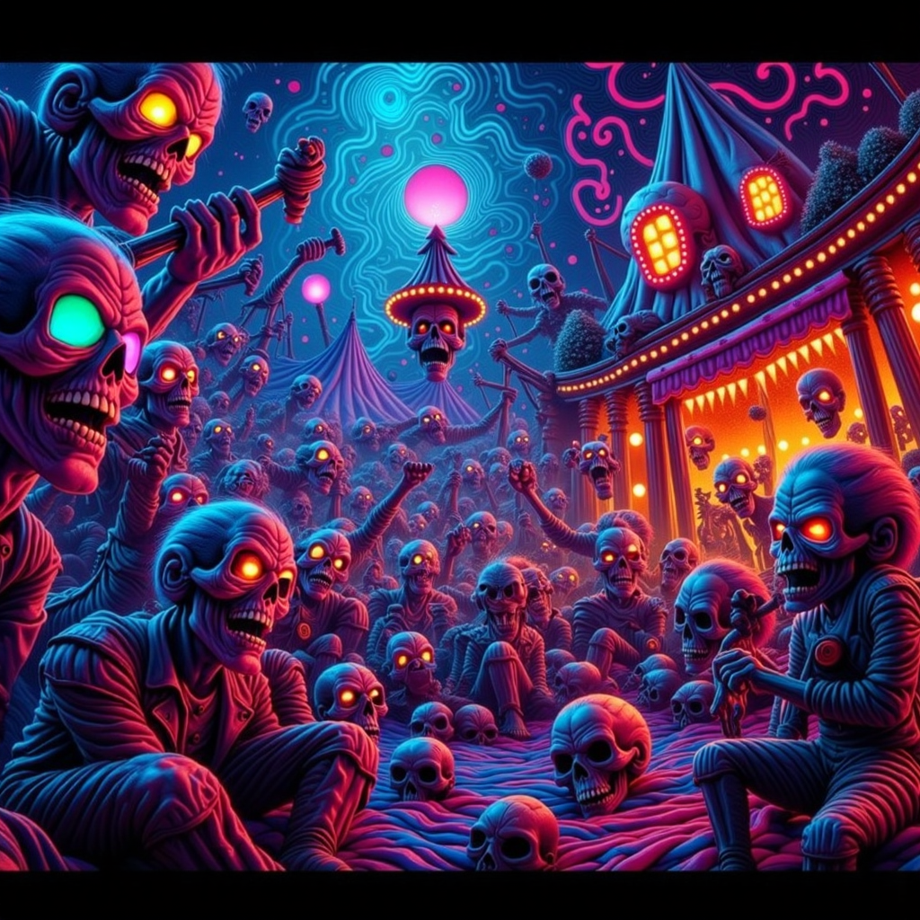 psychedelic style concept art horror-themed Dark Fantasy Art, <lora:Undead Apocalypse v1:1> und34dpsy, a psychedelic traveling circus run entirely by colorful zombies: the juggler tosses flaming brains, the contortionist has detachable limbs, and the fortune teller pulls dreams out of skulls. Everything glows â cotton candy is made of nebula mist, and rides twist into impossible geometries. Shot from a fisheye perspective, with colors vibrating like a lava lamp. The undead laugh hystericallyâ¦ even their decapitated heads., dark, moody, dark fantasy style . eerie, unsettling, dark, spooky, suspenseful, grim, highly detailed . digital artwork, illustrative, painterly, matte painting, highly detailed . vibrant colors, swirling patterns, abstract forms, surreal, trippy