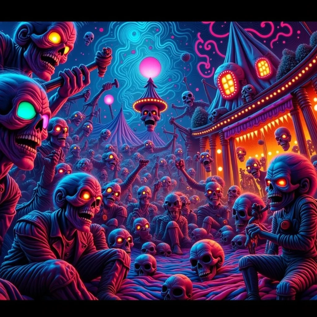 psychedelic style concept art horror-themed Dark Fantasy Art, <lora:Undead Apocalypse v1:1> und34dpsy, a psychedelic traveling circus run entirely by colorful zombies: the juggler tosses flaming brains, the contortionist has detachable limbs, and the fortune teller pulls dreams out of skulls. Everything glows â cotton candy is made of nebula mist, and rides twist into impossible geometries. Shot from a fisheye perspective, with colors vibrating like a lava lamp. The undead laugh hysterically⦠even their decapitated heads., dark, moody, dark fantasy style . eerie, unsettling, dark, spooky, suspenseful, grim, highly detailed . digital artwork, illustrative, painterly, matte painting, highly detailed . vibrant colors, swirling patterns, abstract forms, surreal, trippy
