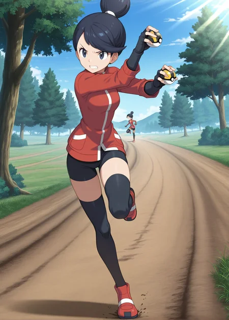 1girl,solo,masterpiece,best quality, anime screencap,pokemon hgss,
<lora:Ace_Trainer_HGSS_v1_IL:0.6>,AceTrainerHGSS,black hair,single hair bun, swept bangs,short hair,red track jacket,long sleeves,black thighhighs,fingerless gloves,bike shorts,red footwear,black thighhighs,
looking at another,holding poke ball, ultra ball,v-shaped eyebrows,tree, day,furrowed brow,pose,teeth,dirt road,looking to the side, standing on one leg, full body, serious,clenched teeth,hand up, blue sky, sunlight,