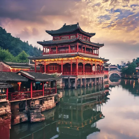 4k,realistic,photograph,Kodachrome,grainy,chinese style,shining,
a beautiful chinese buiding,river,cloud,
east asian architecture,<lora:east_asian_architecture:1>,