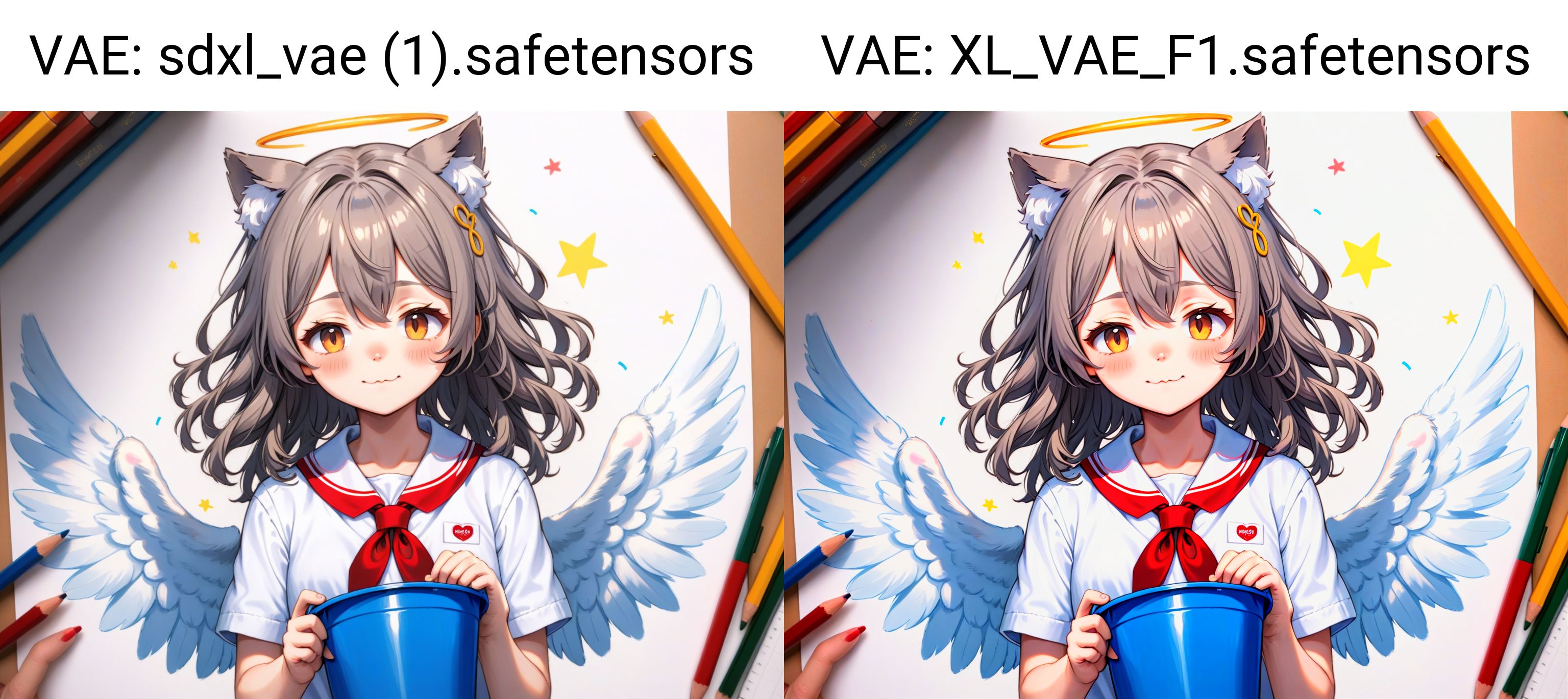 Draw wavy hair, angel wings, angel halo, school uniform and cat ears with {{{{{do not fill}}}}} bucket