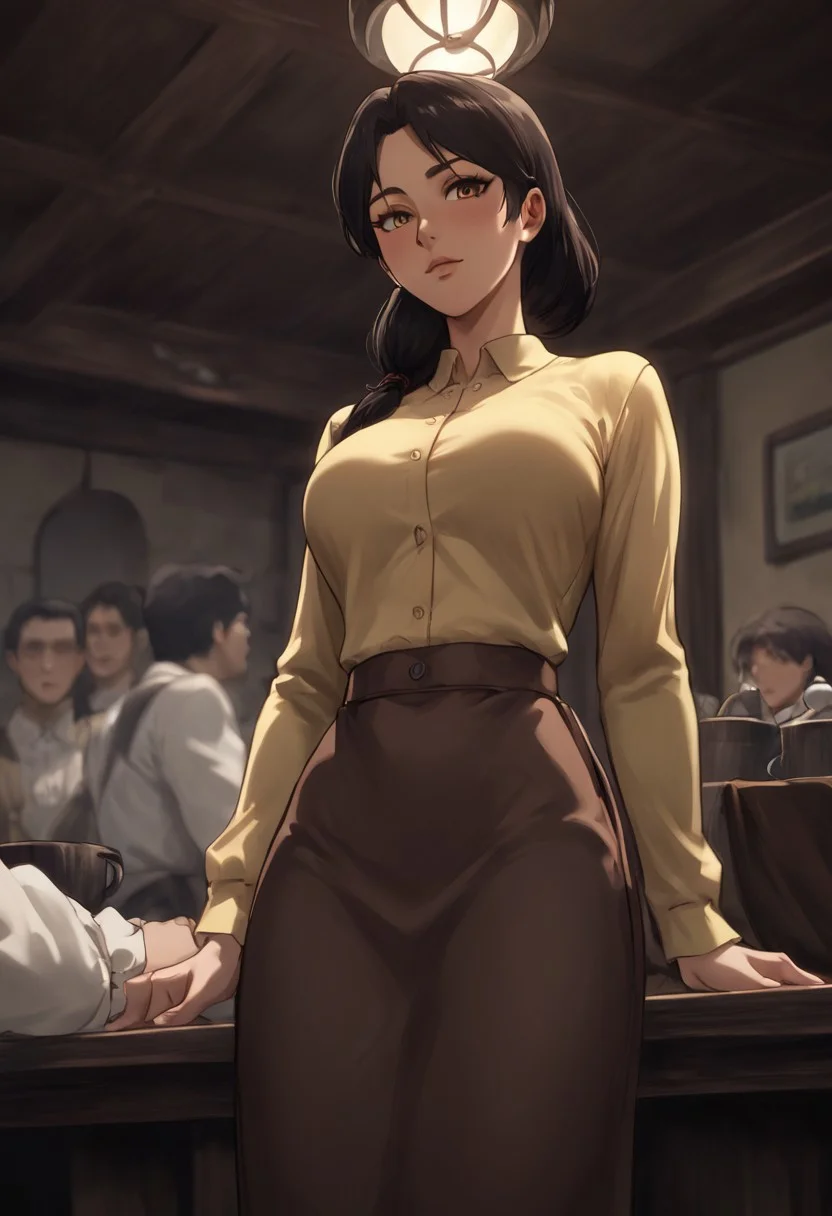 score_9, score_8_up, score_7_up, BREAK source_anime, carla yeager, tucked-in yellow shirt, long sleeves, brown skirt, tavern background, standing, leaning back on the table, teasing perfect body, provocative pose, stylish angle and field of view, shallow depth of field,