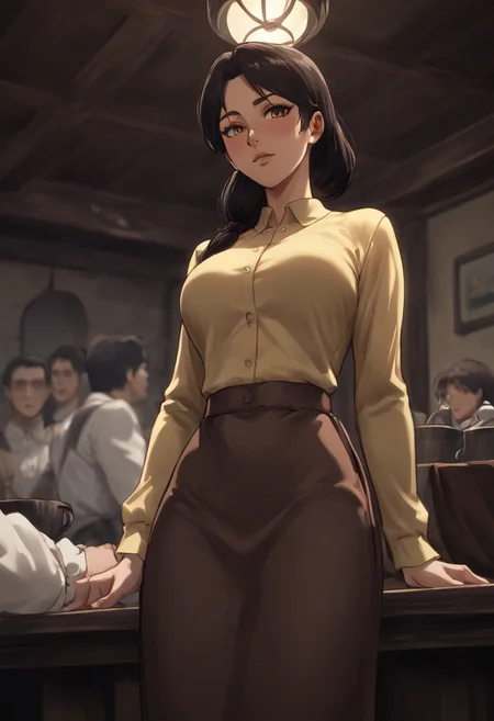 score_9, score_8_up, score_7_up, BREAK source_anime, carla yeager, tucked-in yellow shirt, long sleeves, brown skirt, tavern background, standing, leaning back on the table, teasing perfect body, provocative pose, stylish angle and field of view, shallow depth of field,
