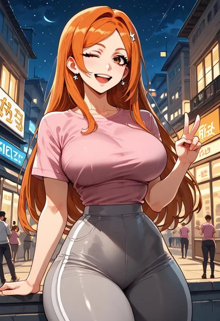 score_9, score_8_up, score_7_up, 1girl, solo, inoue orihime, long hair, orange hair, brown eyes, wink, open mouth, smile, grey sports pants, pink shirt, short sleeves, large breasts, thick thighs, narrow waist, v, night, city,