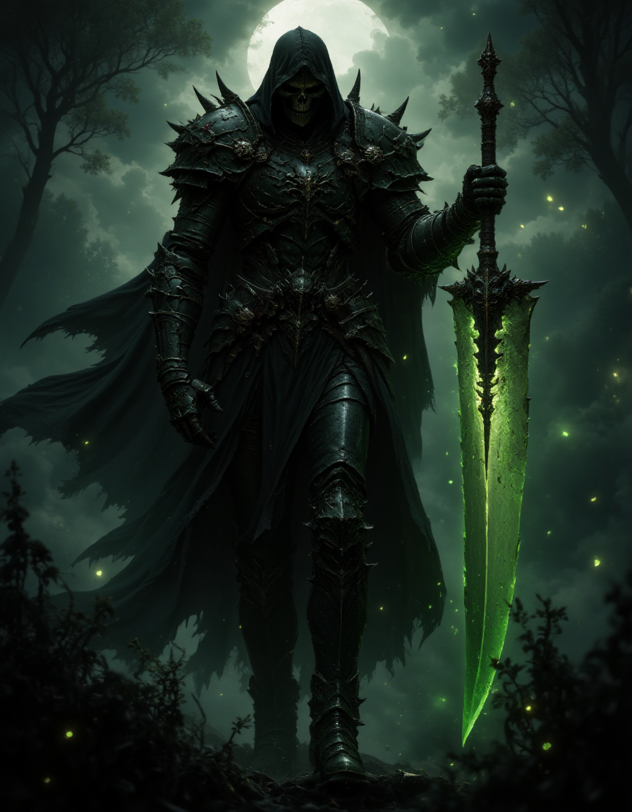 A Reaper holding a green glowing sinn on his shoulder, black and dark green armor, , walking, graveyard background, black cape, fog, dark scene, cinematic, FredFraiStyle