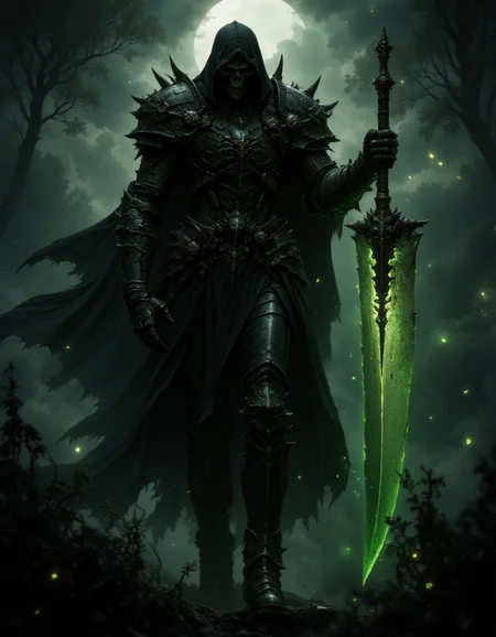 A Reaper holding a green glowing sinn on his shoulder, black and dark green armor, , walking, graveyard background, black cape, fog, dark scene, cinematic, FredFraiStyle