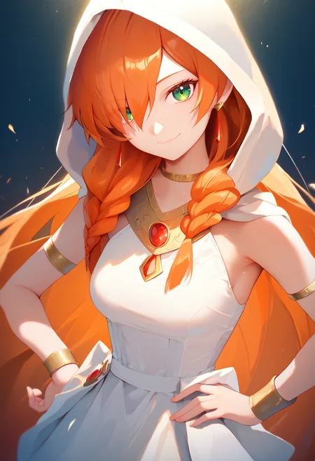 flamme \(sousou no frieren\), 1girl, solo, green eyes, jewelry, hand on own hip, armlet, orange hair, breasts, braid, white dress, earrings, bracelet, looking at viewer, hair over one eye, closed mouth, very long hair, sleeveless, smile, hood, <lora:sousou_no_frieren_collection_v1.2:1> score_9, score_8_up, score_7_up, score_6_up, absurdres, masterpiece, best quality, very aesthetic