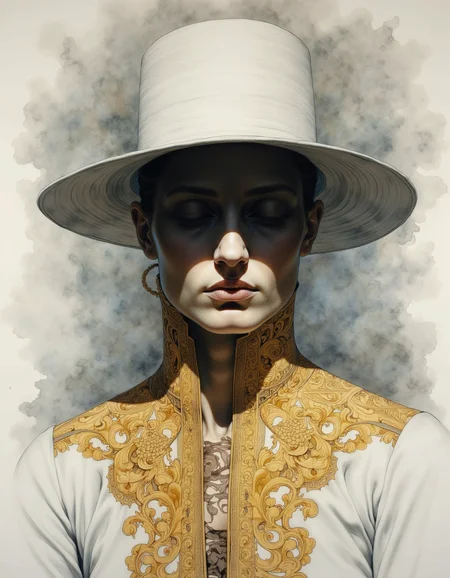 Portrait by Dorota Pietrowiak. This is a highly detailed, realistic drawing created using a human figure from the neck up, rendered in a mix of warm and cool tones. The face is obscured by a dark, almost black, shadow that covers the upper part of the head, creating an enigmatic and mysterious expression. The figure wears a white, wide-brimmed hat that casts a soft shadow over the face, adding to the ambiguity of the expression. The neck and chest area are adorned with intricate, ornate patterns in a golden yellow hue, resembling a delicate lace or embroidery. The texture of the patterns is smooth but detailed, suggesting a high level of craftsmanship. The background is a muted gradient of light to dark grey, which helps to focus attention on the figure and the intricate details. The painting has a soft, almost dreamlike quality, with a blend of smooth and textured brushstrokes that give the image depth and dimension. The overall composition is minimalist, with the figure occupying the central space, and the background providing a neutral backdrop that enhances the surreal and otherworldly feel of the artwork. <lora:Dorota_Pietrowiak:0.85>