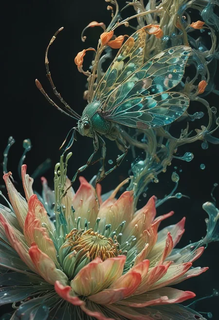 official art, unity 8k wallpaper, ultra detailed, beautiful and aesthetic, masterpiece, best quality,
A stunningly vibrant close-up of a colorful flower petal. Against this serene backdrop, a tiny, iridescent green insect about to perche delicately on the edge of the petal.