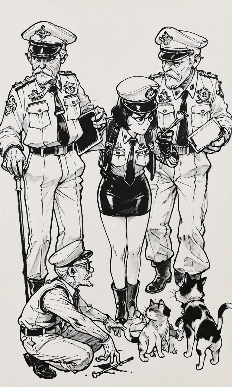 kimjunggistyle, dynamic perspective, detailed ink drawing, 1girl, simple background, shirt, skirt, long sleeves, gloves, hat, holding, closed mouth, standing, jacket, monochrome, boots, multiple boys, necktie, shorts, collared shirt, pants, belt, vest, uniform, facial hair, military uniform, traditional media, squatting, helmet, beard, peaked cap, pencil skirt, pocket, dog, military hat, mustache, pen, breast pocket, old, smoking pipe, old man, police, clipboard, police uniform, cane, holding clipboard, ink (medium), glasses, cat, black and white sketch, masterpiece, best quality, amazing quality
