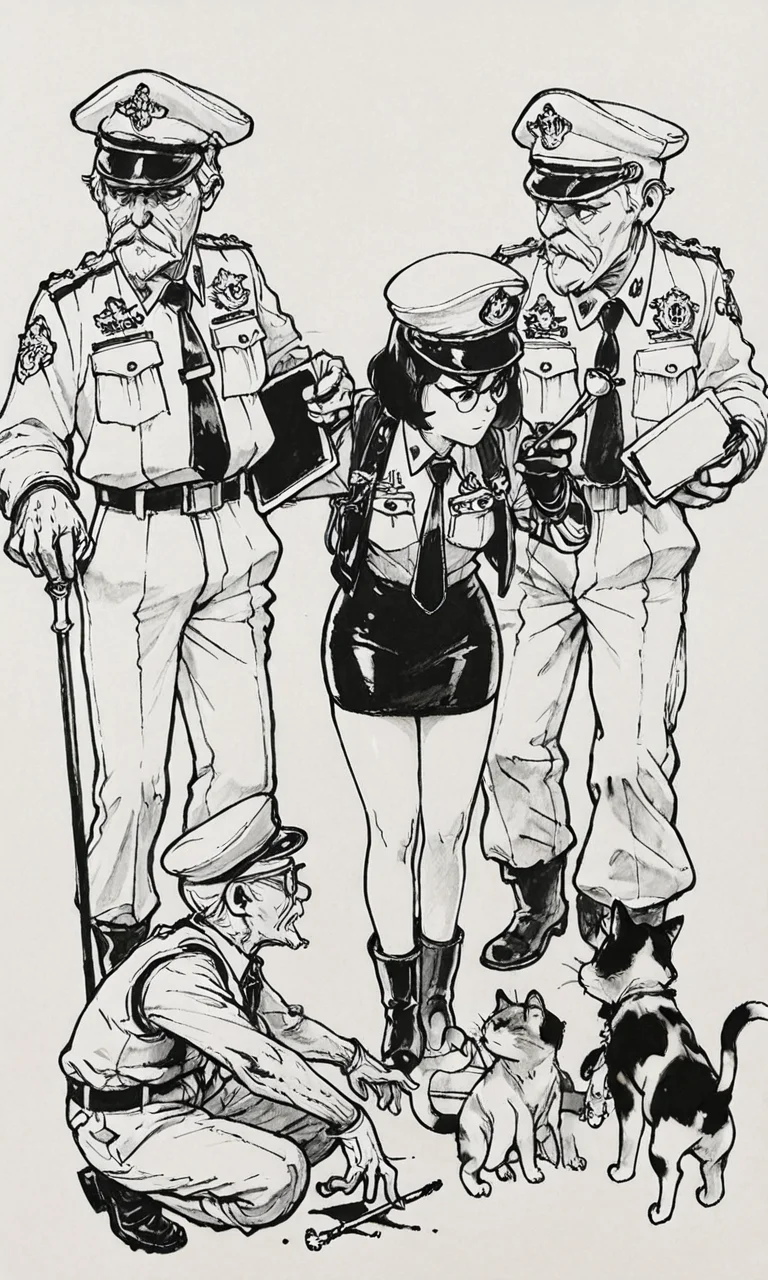 kimjunggistyle, dynamic perspective, detailed ink drawing, 1girl, simple background, shirt, skirt, long sleeves, gloves, hat, holding, closed mouth, standing, jacket, monochrome, boots, multiple boys, necktie, shorts, collared shirt, pants, belt, vest, uniform, facial hair, military uniform, traditional media, squatting, helmet, beard, peaked cap, pencil skirt, pocket, dog, military hat, mustache, pen, breast pocket, old, smoking pipe, old man, police, clipboard, police uniform, cane, holding clipboard, ink (medium), glasses, cat, black and white sketch, masterpiece, best quality, amazing quality
