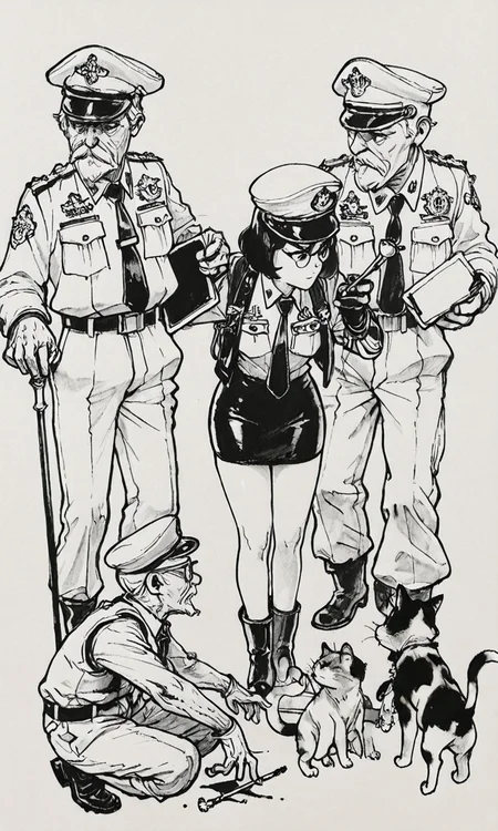 kimjunggistyle, dynamic perspective, detailed ink drawing, 1girl, simple background, shirt, skirt, long sleeves, gloves, hat, holding, closed mouth, standing, jacket, monochrome, boots, multiple boys, necktie, shorts, collared shirt, pants, belt, vest, uniform, facial hair, military uniform, traditional media, squatting, helmet, beard, peaked cap, pencil skirt, pocket, dog, military hat, mustache, pen, breast pocket, old, smoking pipe, old man, police, clipboard, police uniform, cane, holding clipboard, ink (medium), glasses, cat, black and white sketch, masterpiece, best quality, amazing quality
