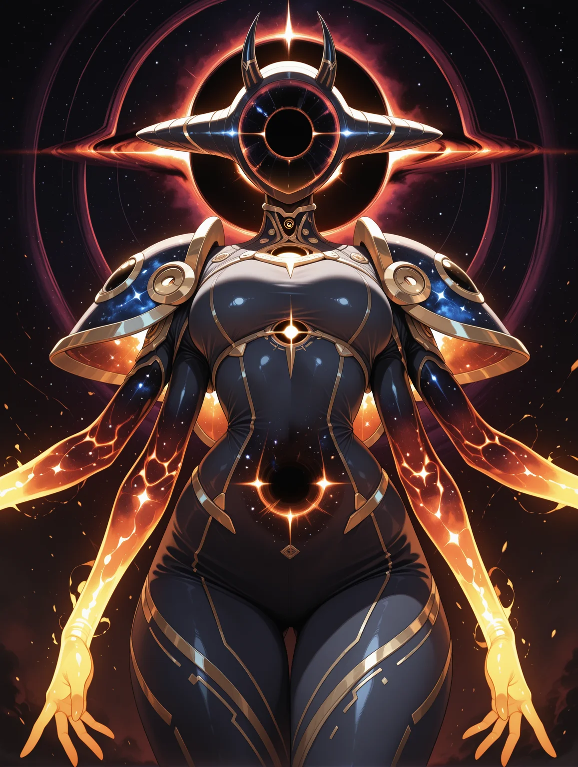 divine female creature space nebula and covered in stars, faceless, black hole head, glowing translucent arms, extra arms, shoulder pads, altshaped, fake horns, streamlined design
,masterpiece,best quality,amazing quality, <lora:PHM_style_IL_v3.3:1>