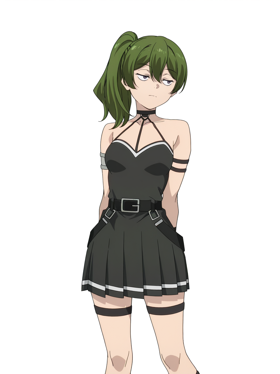 Übel,ubel,solo,dress,side ponytail,black dress,thigh strap,belt,bare shoulders,breasts,arms behind back,arm strap,closed mouth,standing,looking to the side,pleated dress,black eyes,sleeveless,black belt,feet out of frame,sleeveless dress,jewelry,anime screencap,white background,