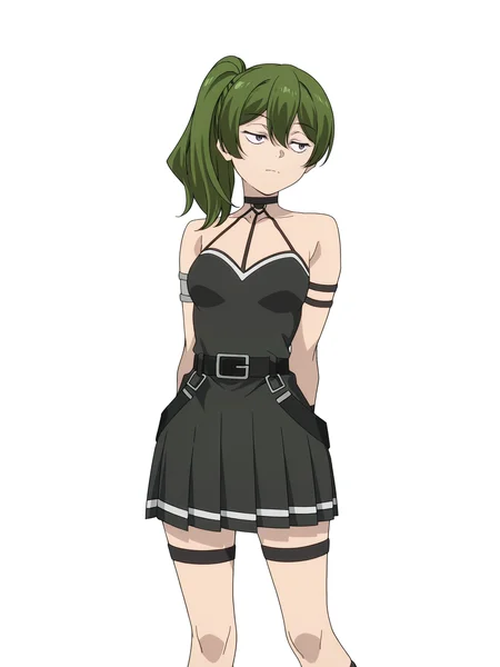 Übel,ubel,solo,dress,side ponytail,black dress,thigh strap,belt,bare shoulders,breasts,arms behind back,arm strap,closed mouth,standing,looking to the side,pleated dress,black eyes,sleeveless,black belt,feet out of frame,sleeveless dress,jewelry,anime screencap,white background,