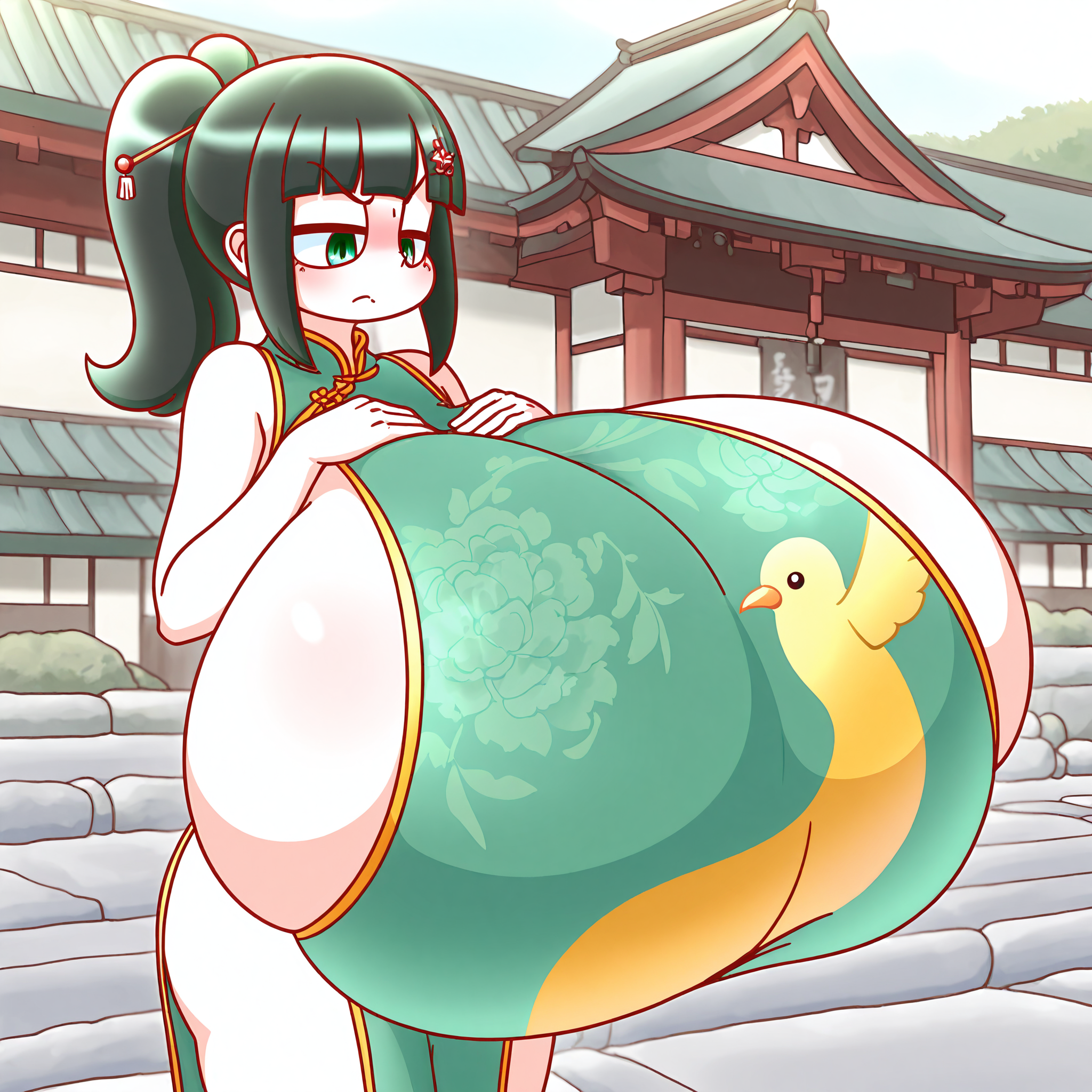 (masterpiece), best quality, (highly detailed), 1female, solo, <lora:Skapon_style_Illustrious:0.8>, green chinese dress, black hair, long ponytail, green eyes, hairpin, sideboob, golden bird print, hyper breasts, village, standing, hands on breasts, looking down, angry, east asian architecture, clothed breasts,
