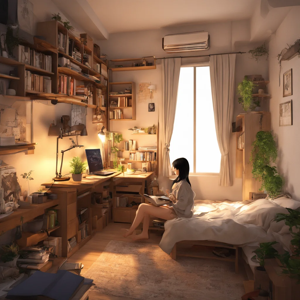 best quality, ultra-detailed,
JJROOM, scenery, book, laptop, sitting, window, computer, indoors, chair, table, pants, curtains, bed, sunlight, shirt, cup, black hair, bookshelf, plate, lamp, slippers, plant,
<lora:jyoshi_no_heya_SDXL_V1:1>