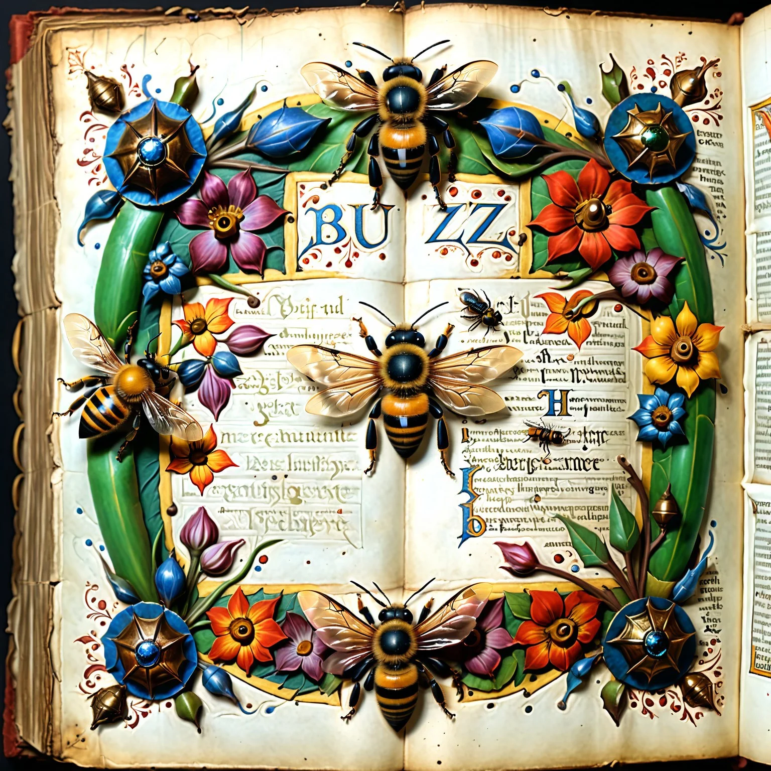 Illuminated manuscript, text:"BUZZ" written repeatedly on the pages, medieval bee's and hornets in the margins, perfect text title style
