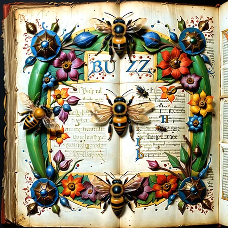  Illuminated manuscript, text:"BUZZ" written repeatedly on the pages, medieval bee's and hornets in the margins, perfect text title style
