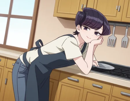 score_9, score_8_up, score_7_up, source_anime,
shuukokomi, <lora:shuuko-komi-s1s2-ponyxl-lora-nochekaiser:1>,
shuuko komi, short hair, black hair, black eyes, half-closed eyes,
shirt, white shirt, short sleeves, pants, apron, denim, jeans, blue apron,
indoors, kitchen, bent over, smile,
looking at viewer, cowboy shot, dutch angle, solo,