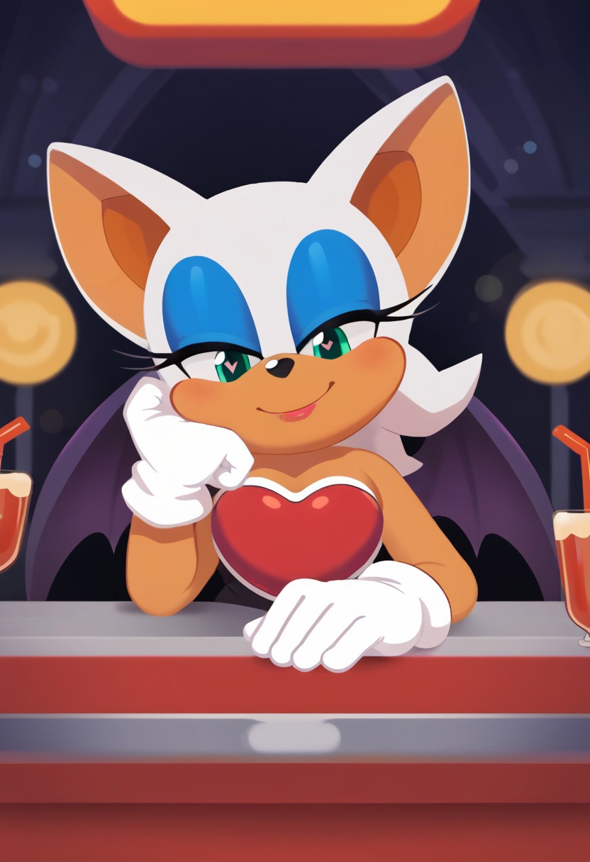 score_9, score_8_up, score_7_up, bokeh, flat colors, lineless, vector art, vector graphics, z0nkp4nch, cute, solo, white gloves, Sonic, female, Rouge the Bat, diner, table, clothed, head tilt, looking down, head rest, heart pupils, lidded eyes, smiling, pov, from below, sitting across from viewer,