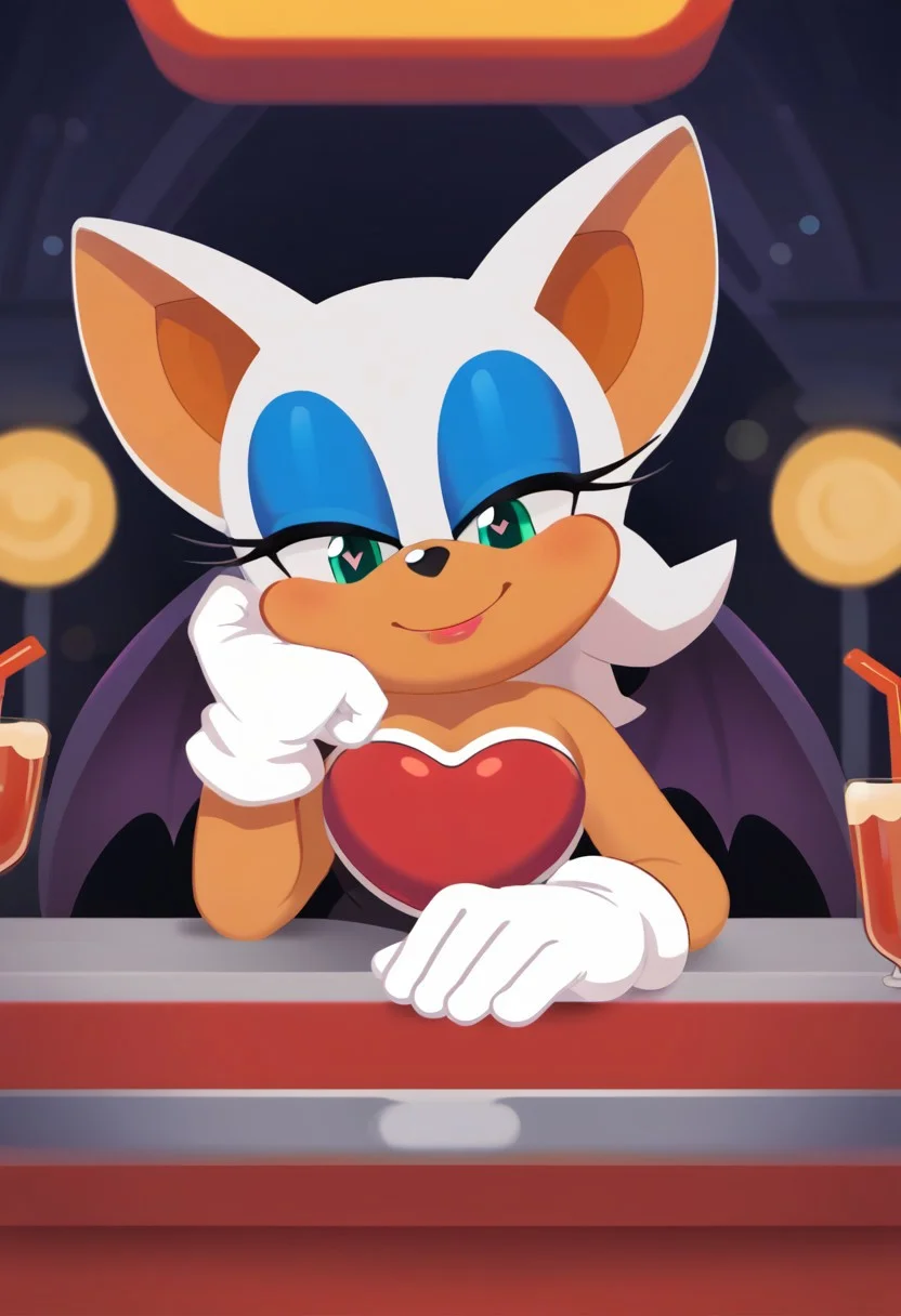 score_9, score_8_up, score_7_up, bokeh, flat colors, lineless, vector art, vector graphics, z0nkp4nch, cute, solo, white gloves, Sonic, female, Rouge the Bat, diner, table, clothed, head tilt, looking down, head rest, heart pupils, lidded eyes, smiling, pov, from below, sitting across from viewer,
