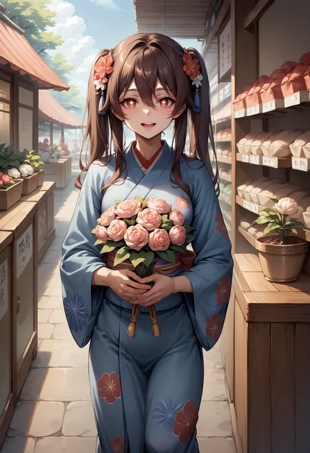 score_9, score_8_up, score_7_up, source_anime, 1girl, solo, looking at viewer, HuTao_DskFll, long hair, brown hair, hair between eyes, twintails, sidelocks, yukata, kimono, print kimono, japanese clothes, hair flower, short kimono, flower shop, outdoors, storefront, flower pot, potted plant, shelf, tulip, holding bouquet, bouquet, red eyes, symbol-shaped pupils, obi, smile, open mouth