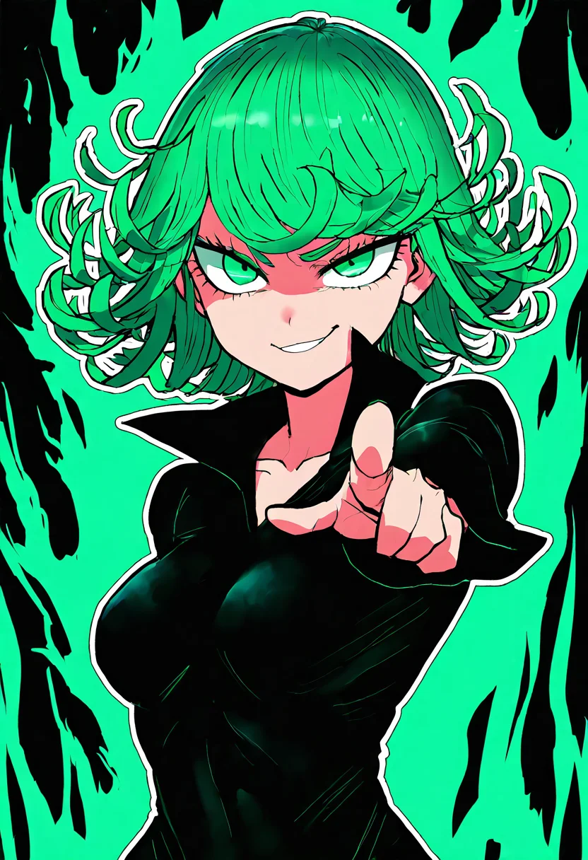 masterpiece, best quality, medium breasts, (curvy), (ã´ã´ã´ã´), zzTatsumaki, green eyes, green hair, black dress, glowing, green glow, aura, energy, smile, smug, pointing at viewer, foreshortening, aura, abstract background, white outline, upper body, <lora:TatsumakiNAI:1.0>,,